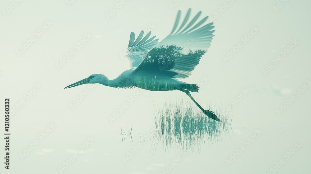 Fototapeta premium Bird in flight above a serene wetland landscape during early morning light