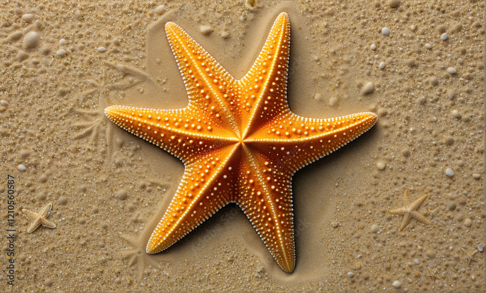 Close-up macro shot of a starfish adorning the seabed, its intricate texture showcased against the detailed background of sand grains. Close-up macro shot of a starfish adorning the seabed, its intricate texture showcased against the detailed background of sand grains.