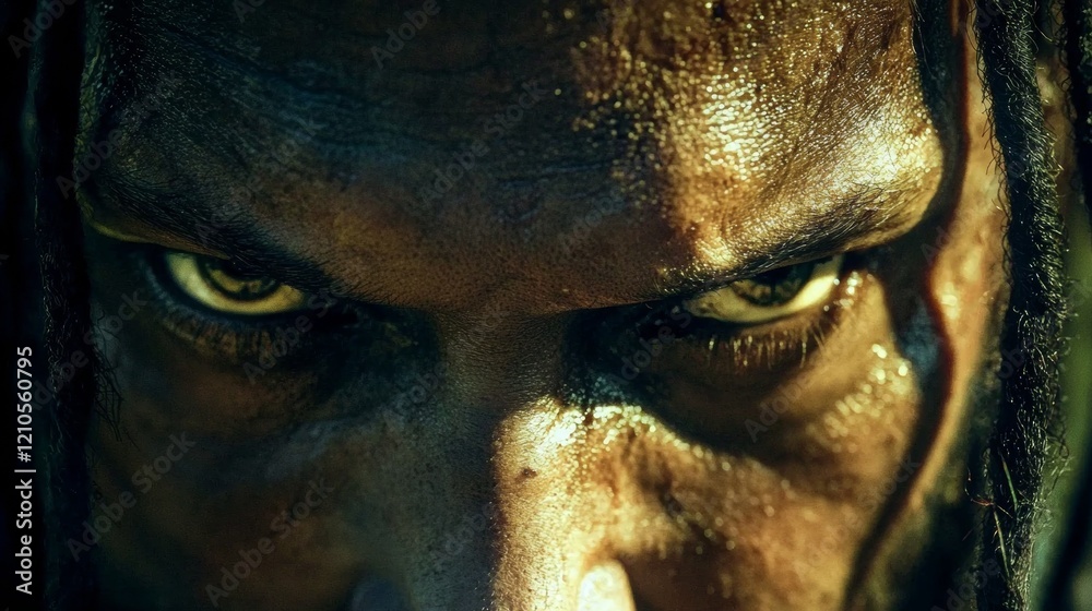 Intense close-up of a person's piercing eyes showcasing determination in a gritty outdoor setting Intense close-up of a person's piercing eyes showcasing determination in a gritty outdoor setting