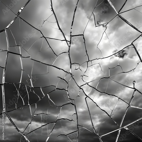 Artistic illustration. Close-up of a broken mirror with a reflection of the sky. Fragments of various sizes and shapes