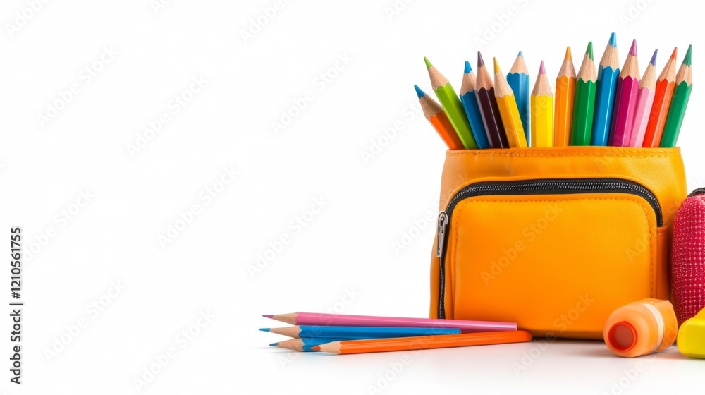 Fototapeta premium Colorful School Pencil in the Center on a White Background. Generative AI