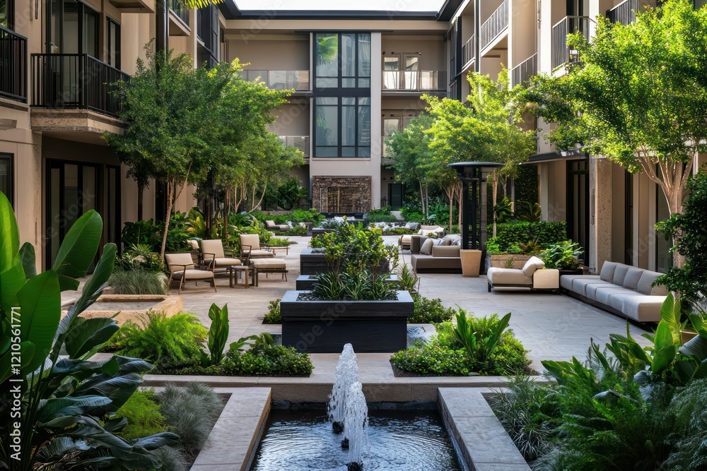 The tranquil courtyard of a luxury condo complex, with lush gardens, water fountains, and cozy seating areas The tranquil courtyard of a luxury condo complex, with lush gardens, water fountains, and cozy seating areas
