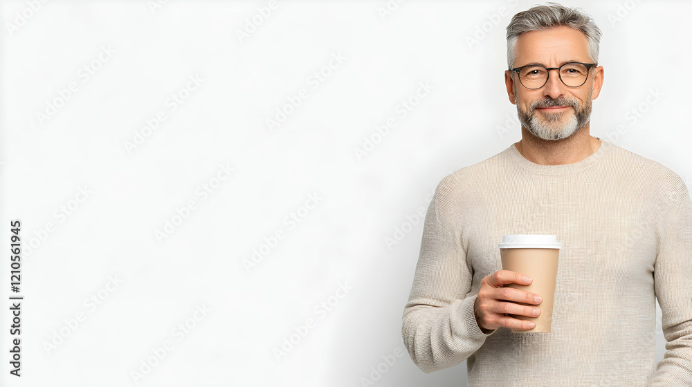 Smiling mature man holding coffee, white background, copy space, morning routine Smiling mature man holding coffee, white background, copy space, morning routine