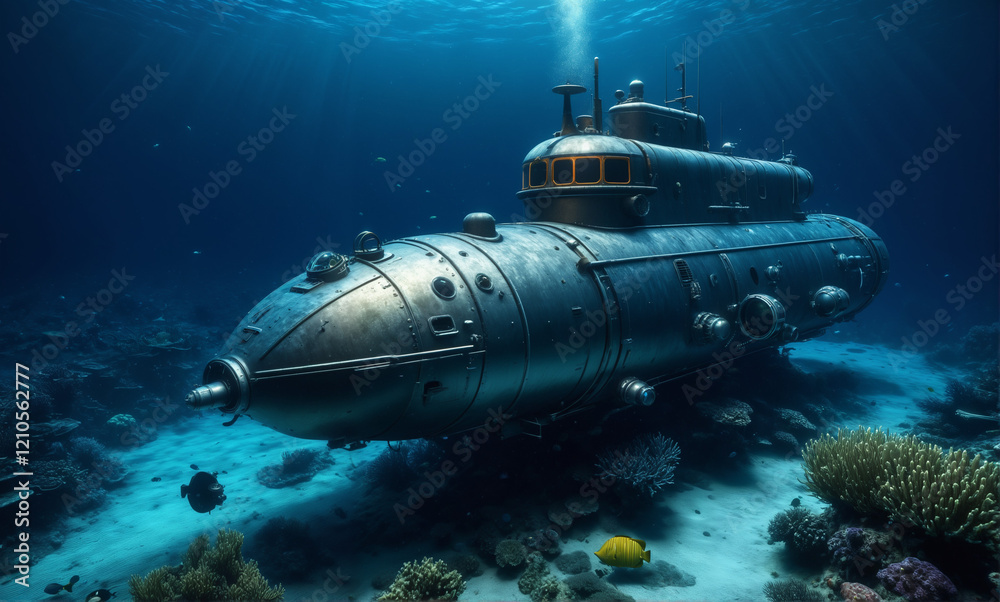   A vivid underwater adventure unfolds as a sleek deep-sea submersible navigates through the vast expanse of the ocean floor. Exploration leads to encounters with peculiar creatures that thr