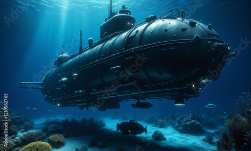   A vivid underwater adventure unfolds as a sleek deep-sea submersible navigates through the vast expanse of the ocean floor. Exploration leads to encounters with peculiar creatures that thr photo