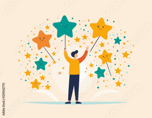 Customer experience, best score rating, client feedback or consumer review, 5 stars rating, like or positive survey, customer satisfaction concept, happy young adult customer holding 5 stars rating.