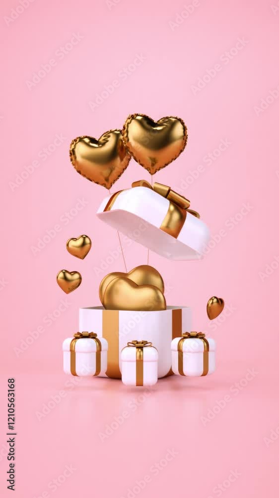 Valentines Day seamless looping video for social media with hearts, gifts and balloons on a pink background and copy space in 3D animation. Love celebration and romantic concept