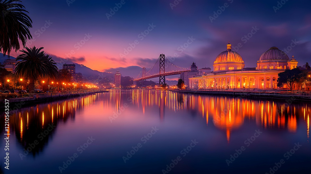 Obraz premium Sunset cityscape with bridge and illuminated building reflections on calm water, ideal for travel brochures