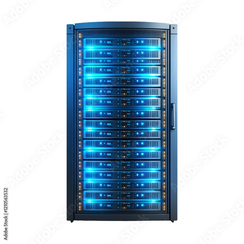 High-tech data server rack with illuminated panels on a transparent background