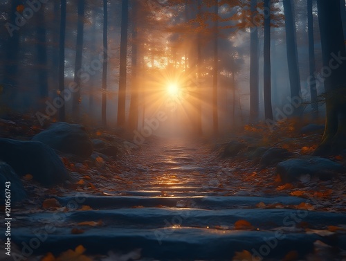 Mystical autumn forest path at sunrise. photo