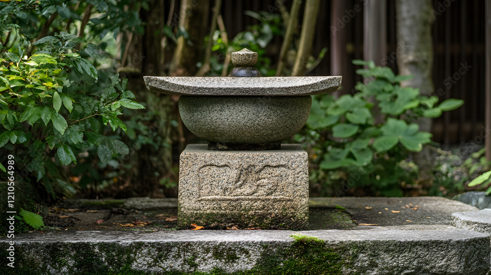 Ancient Stone Lantern in Serene Japanese Garden with Lush Greenery : Generative AI Ancient Stone Lantern in Serene Japanese Garden with Lush Greenery : Generative AI