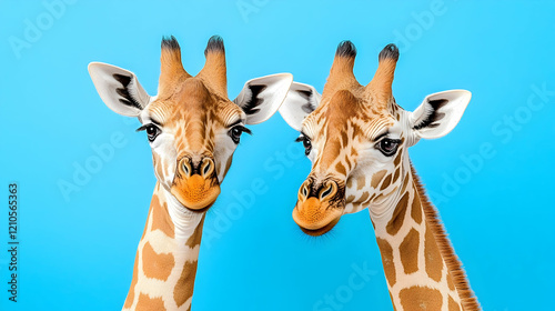 Two giraffes, close-up portraits, blue background, playful expressions, ideal for advertising or children's books photo