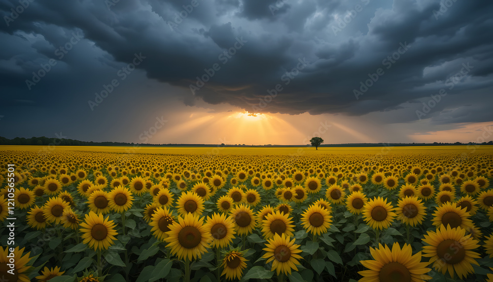Obraz premium Sunbeams pierce storm clouds over vast sunflower field.