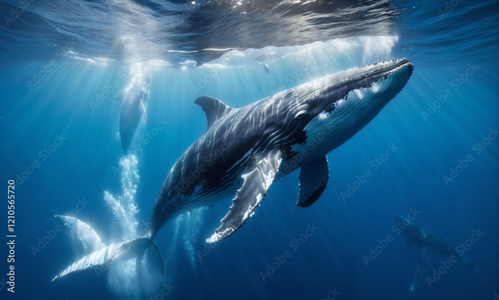 Naklejka premium Humpback whale leaps out of ocean waters towards the bright sky, its sleek body glistening in the warm light of the sun. Splashes from its breach scatter around, creating a beautiful dance