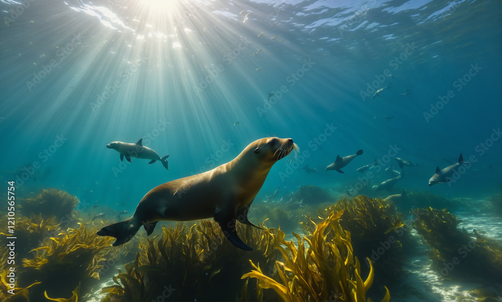 Underwater scene featuring a playful group of sea lions in a vibrant kelp forest, with sunlight casting a warm glow on the rippling water surface. Underwater scene featuring a playful group of sea lions in a vibrant kelp forest, with sunlight casting a warm glow on the rippling water surface.