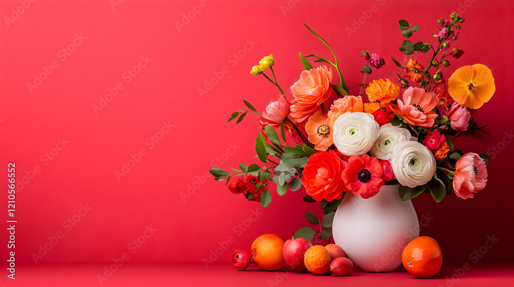 Obraz premium Vibrant spring flowers in vase, red background, fruit, still life, greeting card