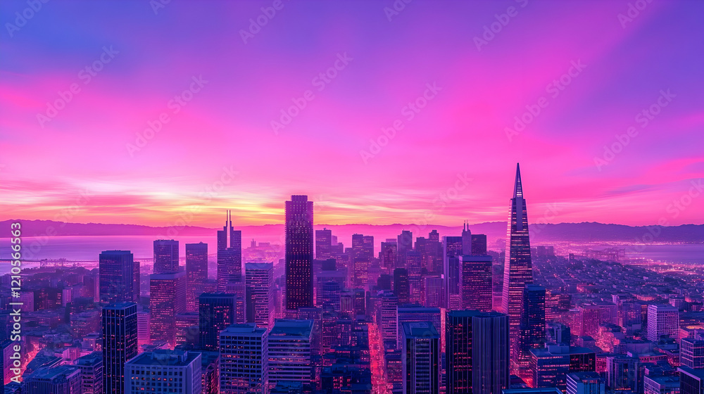 Fototapeta premium Vibrant sunrise over city skyline, hazy hills in background; ideal for travel, city, or landscape projects