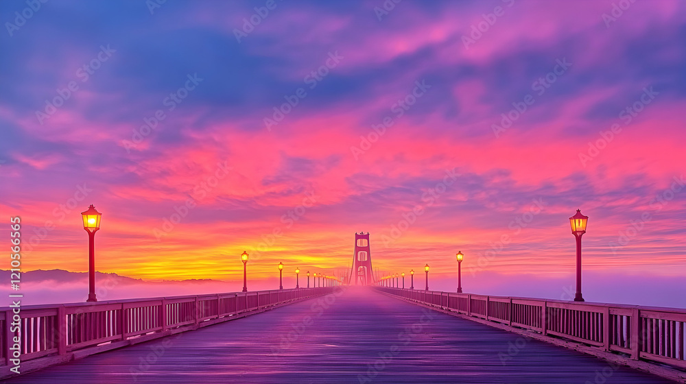 Obraz premium Vibrant sunrise over foggy bridge, peaceful landscape, serene morning, travel destination, picturesque scene