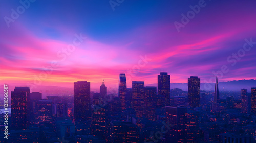 Wallpaper Mural Vibrant sunset cityscape panorama, city skyline at dusk, urban landscape, majestic clouds, background for travel brochures Torontodigital.ca