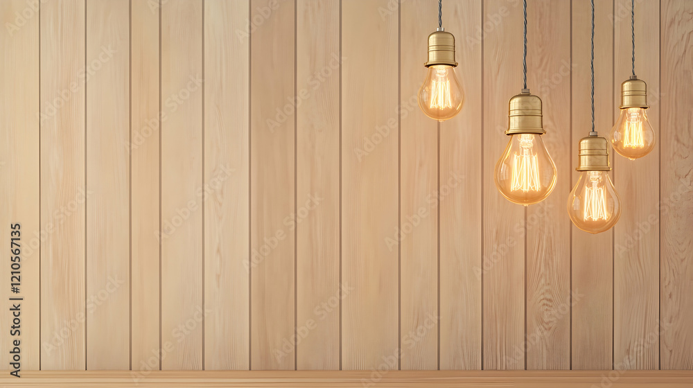 Warm-lit Edison bulbs hanging against a light wood plank wall; empty shelf below; perfect for home decor websites Warm-lit Edison bulbs hanging against a light wood plank wall; empty shelf below; perfect for home decor websites