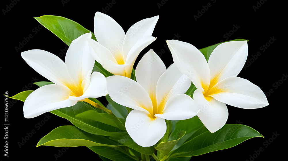 Naklejka premium White plumeria flowers bouquet, black background, tropical floral arrangement, spa or wellness concept