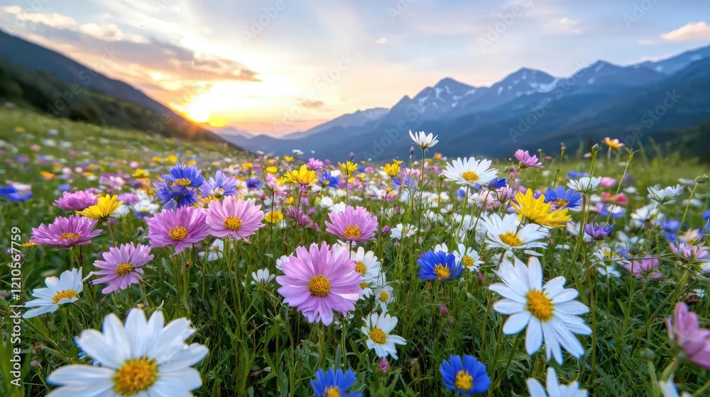 Mountain sunset wildflowers meadow scenic landscape nature beauty tourism postcard Mountain sunset wildflowers meadow scenic landscape nature beauty tourism postcard
