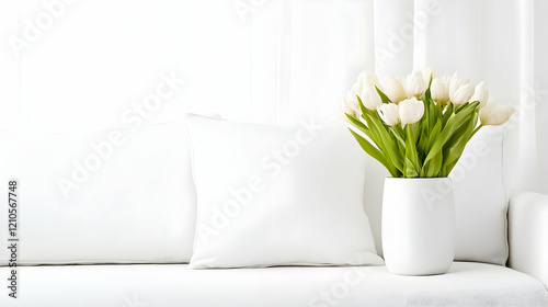White tulips in vase on sofa, bright room, minimalist decor, home interior design, website banner