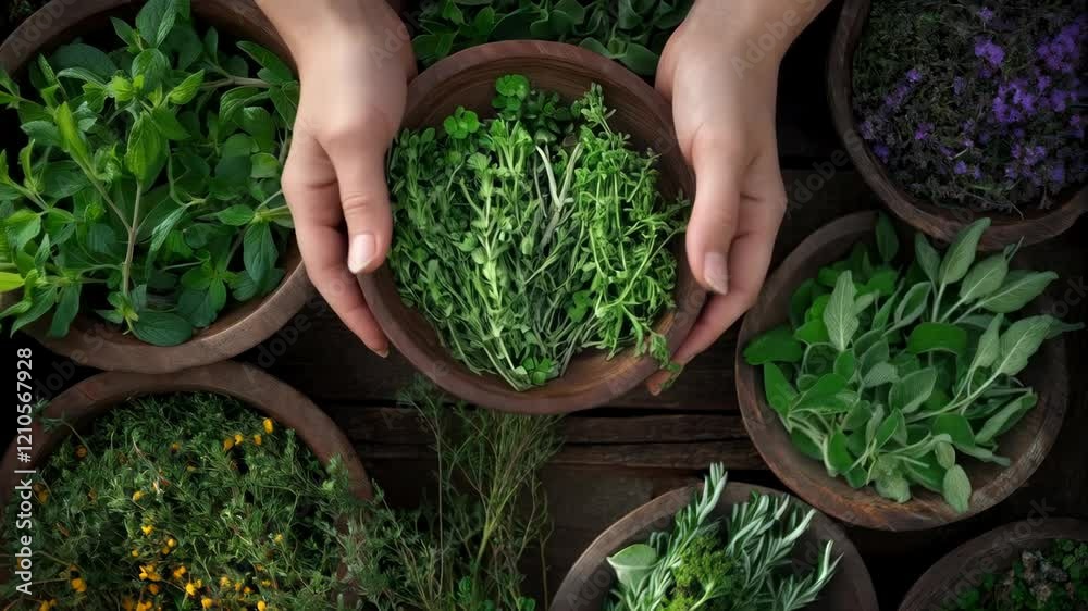 Hands holding fresh herbs in garden setting with vibrant greenery
