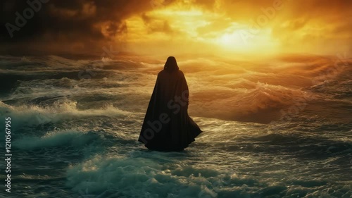 Mysterious cloaked figure walking through stormy ocean waves at sunset