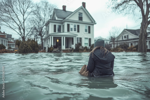 Solitary figure in flooded neighborhood facing abandoned house
