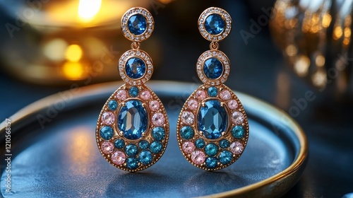 Elegant dangling earrings with pink and blue gemstones surrounded by roses