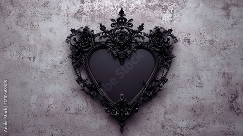 A heart-shaped black mirror with ornate detailing, set against a textured gray wall, exuding a gothic and sophisticated ambiance.