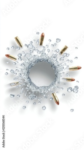 Bullet impacts create a splash of water droplets, showcasing a dynamic collision between metal and liquid in a striking visual representation photo