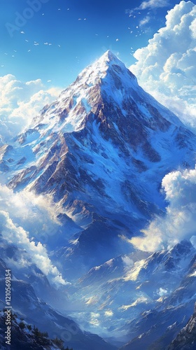 Majestic snow-capped mountain towering over clouds under a vibrant blue sky i...