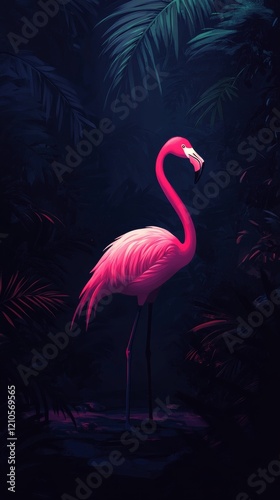 Bright flamingo standing gracefully against a dark background in a serene nat...