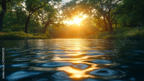Ripples in a tranquil river surrounded by lush green vegetation at dusk revea...