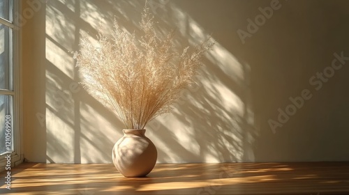 Simple vase with dried flowers in a sunlit room creates a cozy atmosphere