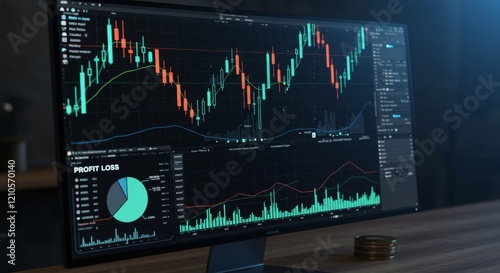 Business dashboard on desktop screen visualizing financial data with chart and graph for analytics insight and performance tracking in contemporary office setup photo