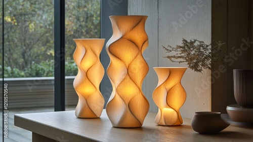 Modern interior design featuring a sculptural lamp and decorative vase on a w...