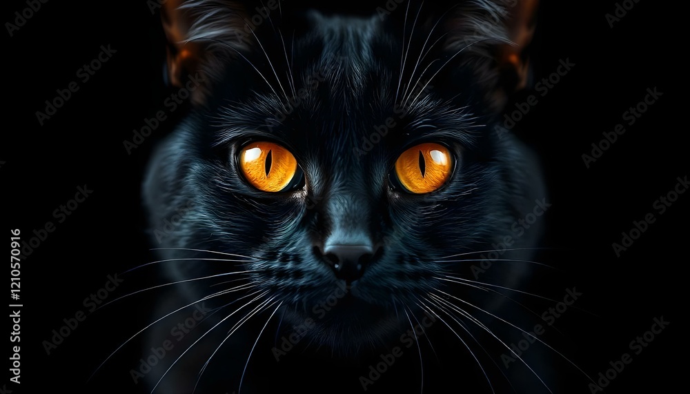 Mysterious black cat with vivid orange eyes, standing out against a pitch-black background Mysterious black cat with vivid orange eyes, standing out against a pitch-black background