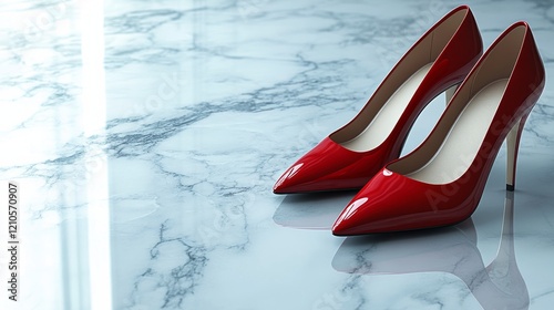 Elegant red high heels positioned by a sunny window in a stylish indoor setting