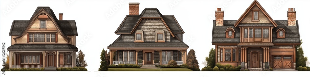 Three distinct Shingle style house designs showcasing various architectural styles. The first house features a classic porch and wooden siding, the second has a modern look with intricate details. Three distinct Shingle style house designs showcasing various architectural styles. The first house features a classic porch and wooden siding, the second has a modern look with intricate details.