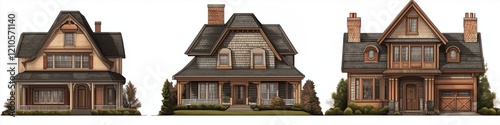 Three distinct Shingle style house designs showcasing various architectural styles. The first house features a classic porch and wooden siding, the second has a modern look with intricate details. photo