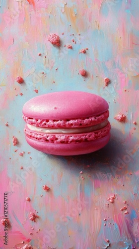 Delicious pink macaron on a vibrant pink textured background showcasing sweet...
