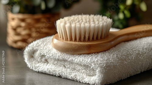 Wooden brush placed on a soft white towel beside greenery in a cozy indoor se...