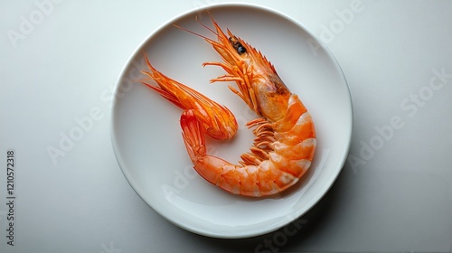 Fresh shrimp served on a plate with lemon and garnished vegetables in a moder...