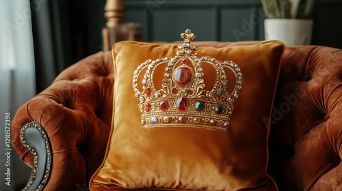 Gold velvet cushion with jeweled crown design on a brown tufted armchair. photo