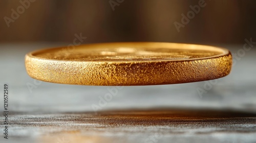 Floating gold coin above a textured surface captured in soft lighting
