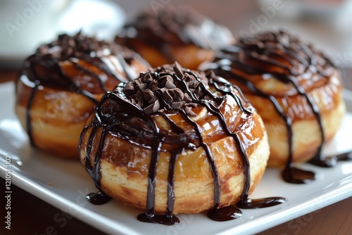Delicious cinnamon rolls topped with chocolate drizzle and chocolate chips on...