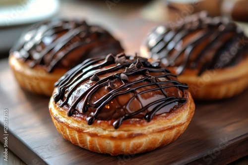 Delicious cinnamon rolls topped with chocolate drizzle and chocolate chips on...